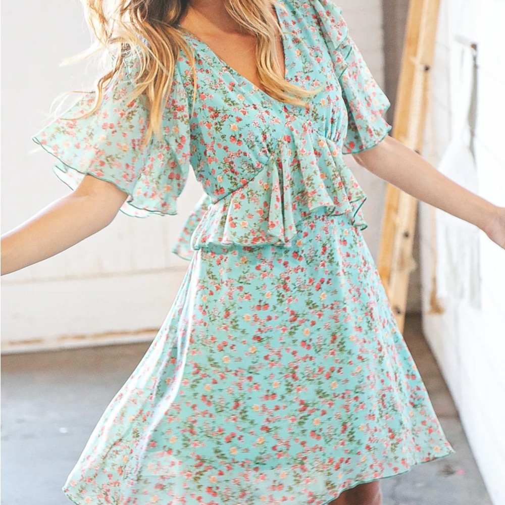 Teal Chiffon Ruffle V Neck Back Tie Lined Dress